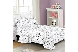 Chezmoi Collection 4-Piece Kids/Teens Panda Love Sheet Set - Soft Microfiber Black White Girls Printed Love Panda Hearts Whimsical Fun Kids Sheets, Queen Size