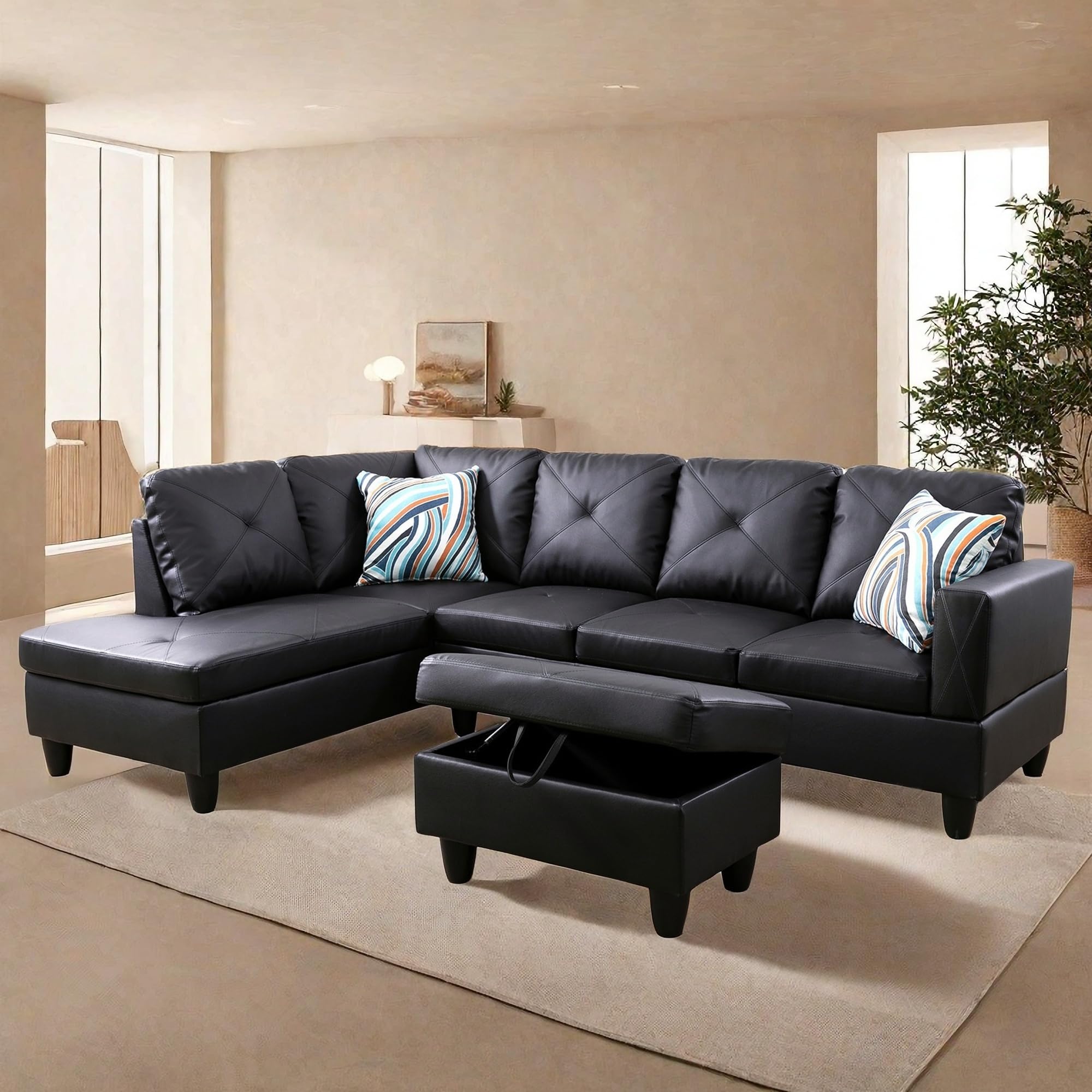 Photo 1 of ONLY RIGHT SIDE CHAISE**ChicFurnit L Shaped Sectional Couches, Leather Modular Sectional Sofa with Ottoman Storage, Modern Lounge Sofa with Chaise for Living Room, Bedroom, Small Spaces, Black