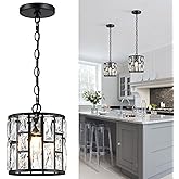 MEXO Modern Crystal Pendant Light,Black Chandelier Light Fixture, Cylinder Adjustable Height Pendant Lights for Kitchen,Dinin