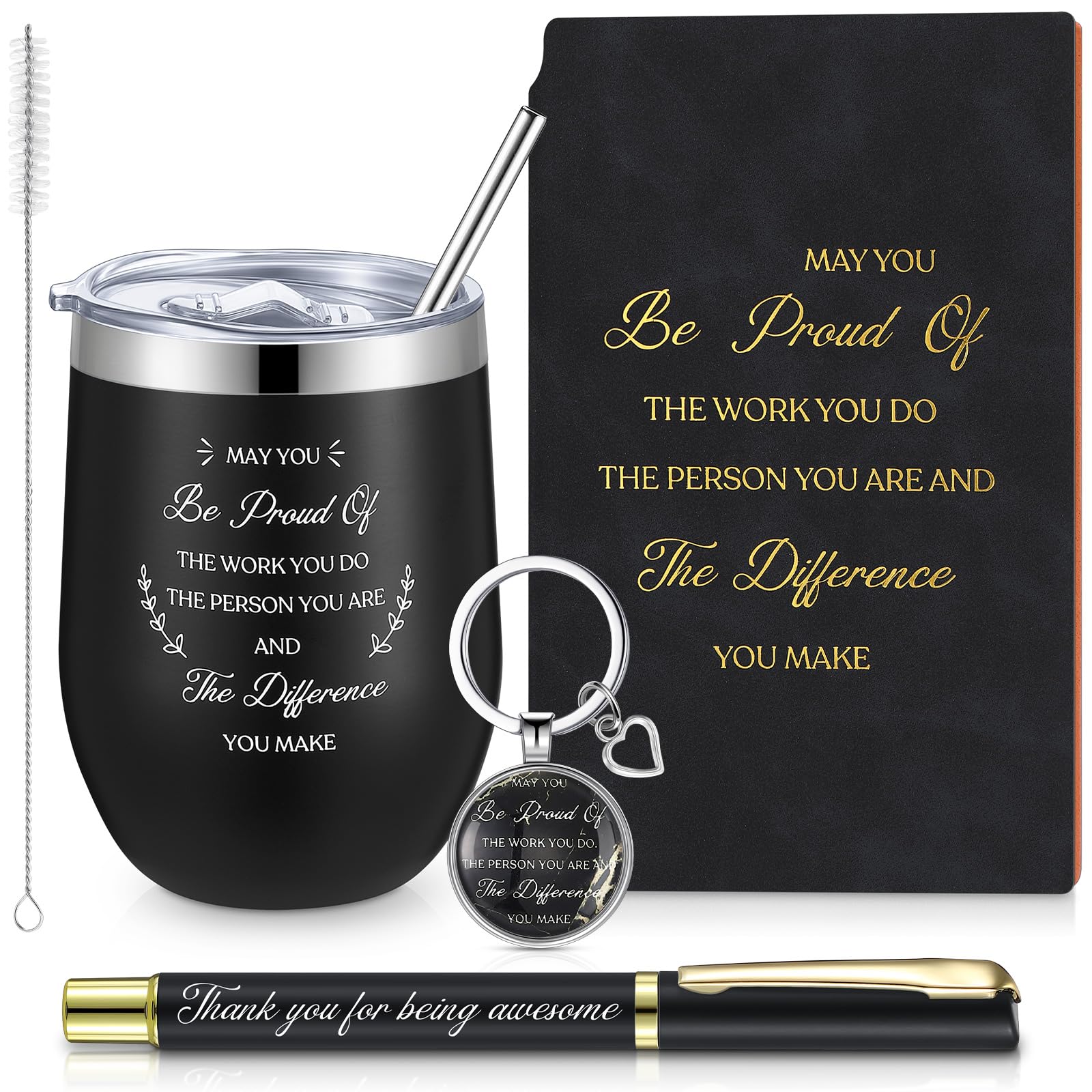 Tenare 4 Piece Employee Appreciation Gifts for Women Thank You Gift Bulk 12 oz Insulated Cup Notebook Keychain Pen for Coworker Teachers Gifts(Black)