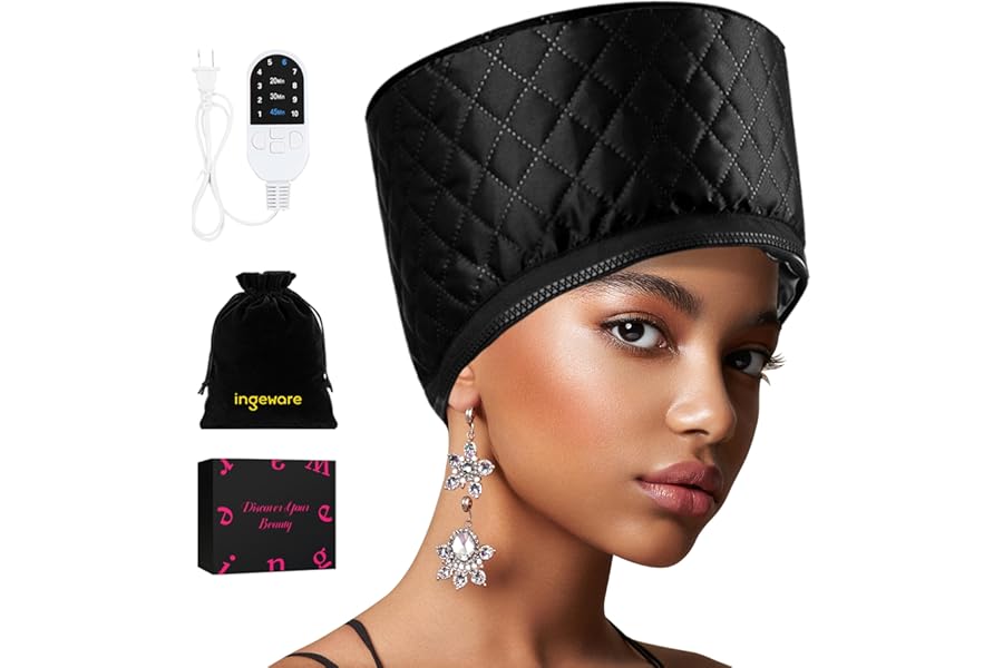 Heat Cap for Deep Conditioning, Ingeware Thermal Cap for Hair Steamer Cap for Natural Hair Portable Electric Heat Hair Spa Cap for Home Use Pattern (Solid Black)