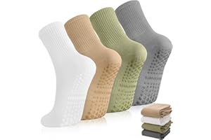 Guiqulai 4 Pairs Pilates Yoga Socks Grip Socks for Women, White Crew Socks Cotton Non Slip for Ballet Dance Hospital Size 5-9