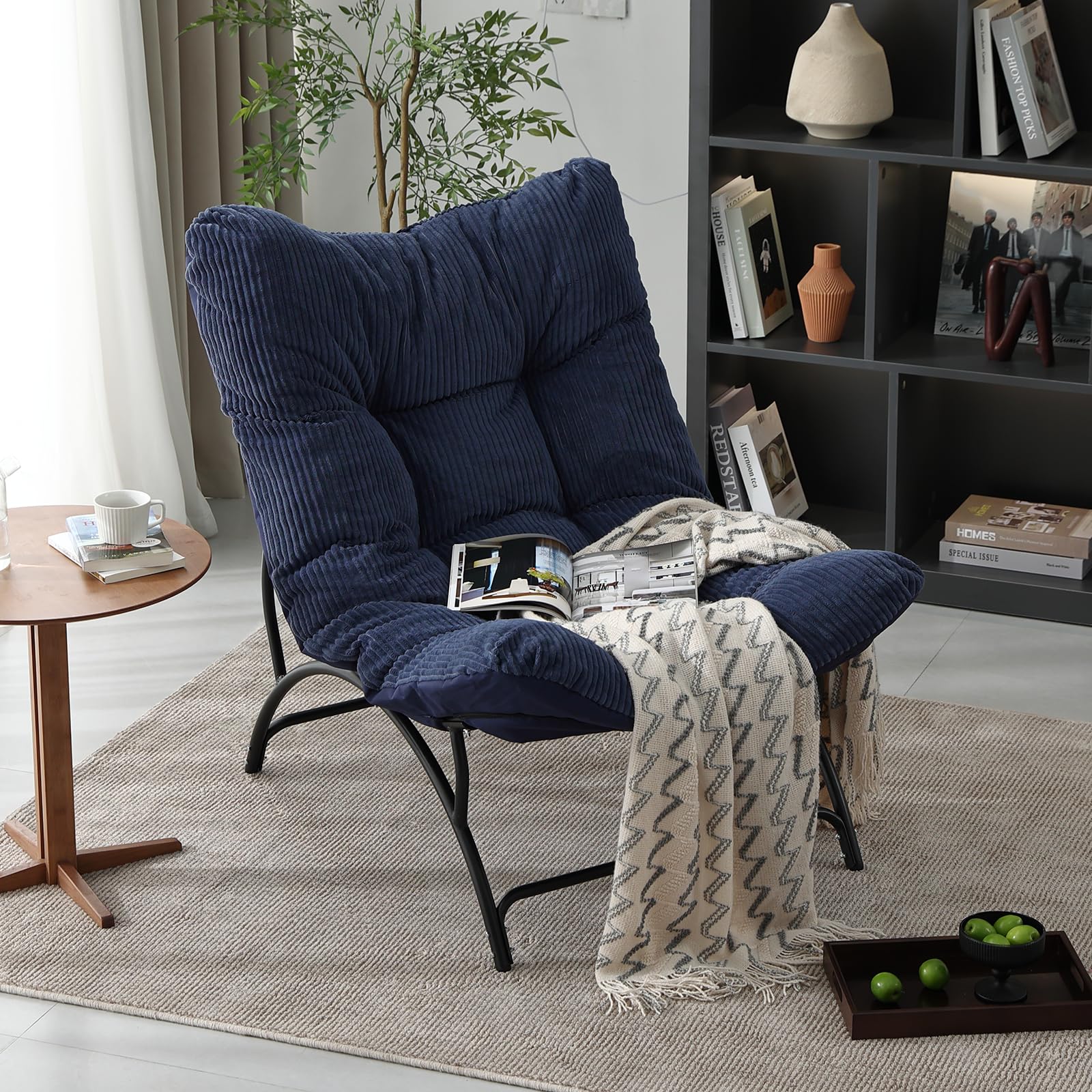 Photo 1 of Welnow Accent Lounge Lazy Chair, Comfy Soft Leisure Metal Frame Reading Chair, Upholstered Thick Cushion Seated Recliner Sofa for Living Room, Bedroom, Dorm, Navy