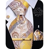 YourTies Silk Paisley Floral Tie and Pocket Square Cufflinks with Lapel Pin Sets for Men 5PC Wedding Party