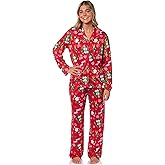 INTIMO Elf The Movie Women's Santa's Coming! Christmas Tossed Sleep Collared Button Down Long-Sleeve Pajama Set