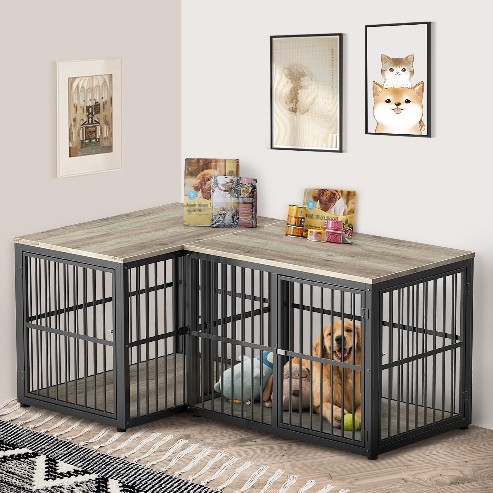 Photo 1 of Lyromix 43'' L-Shaped Corner Dog Crate Furniture Large Breed with Double Rooms,Wooden Dog Crate End Table Indoor with Removable Divider for Small to Medium Dogs, Can Use Separately