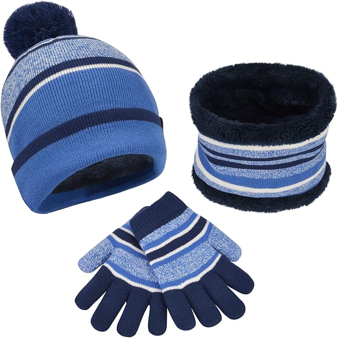 Maylisacc Thermal Boys Hat Scarf and Gloves Set, Warm Kids Bobble Hats