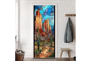 3D Door Mural Majestic Western Sunset Desert Stained Glass Effect Peel and Stick Vinyl Wallpaper Self-Adhesive Door Sticker W