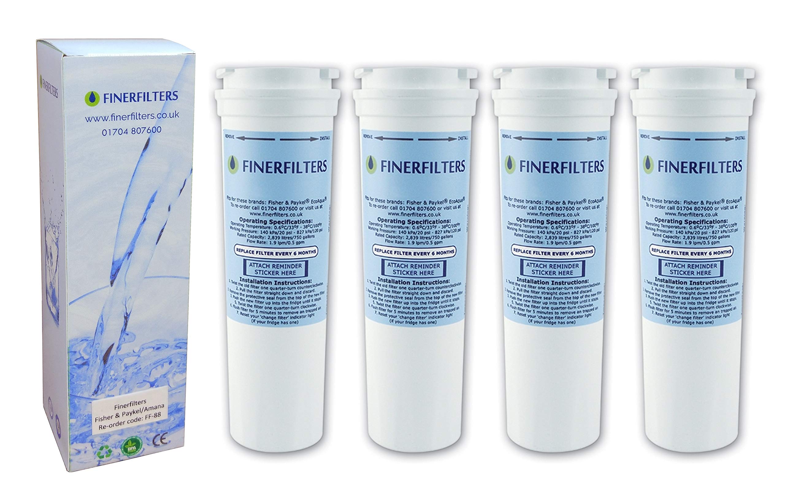 Finerfilters FF-88 Compatible with Fisher & Paykel 836848 Fridge Water Filter (4 Pack)