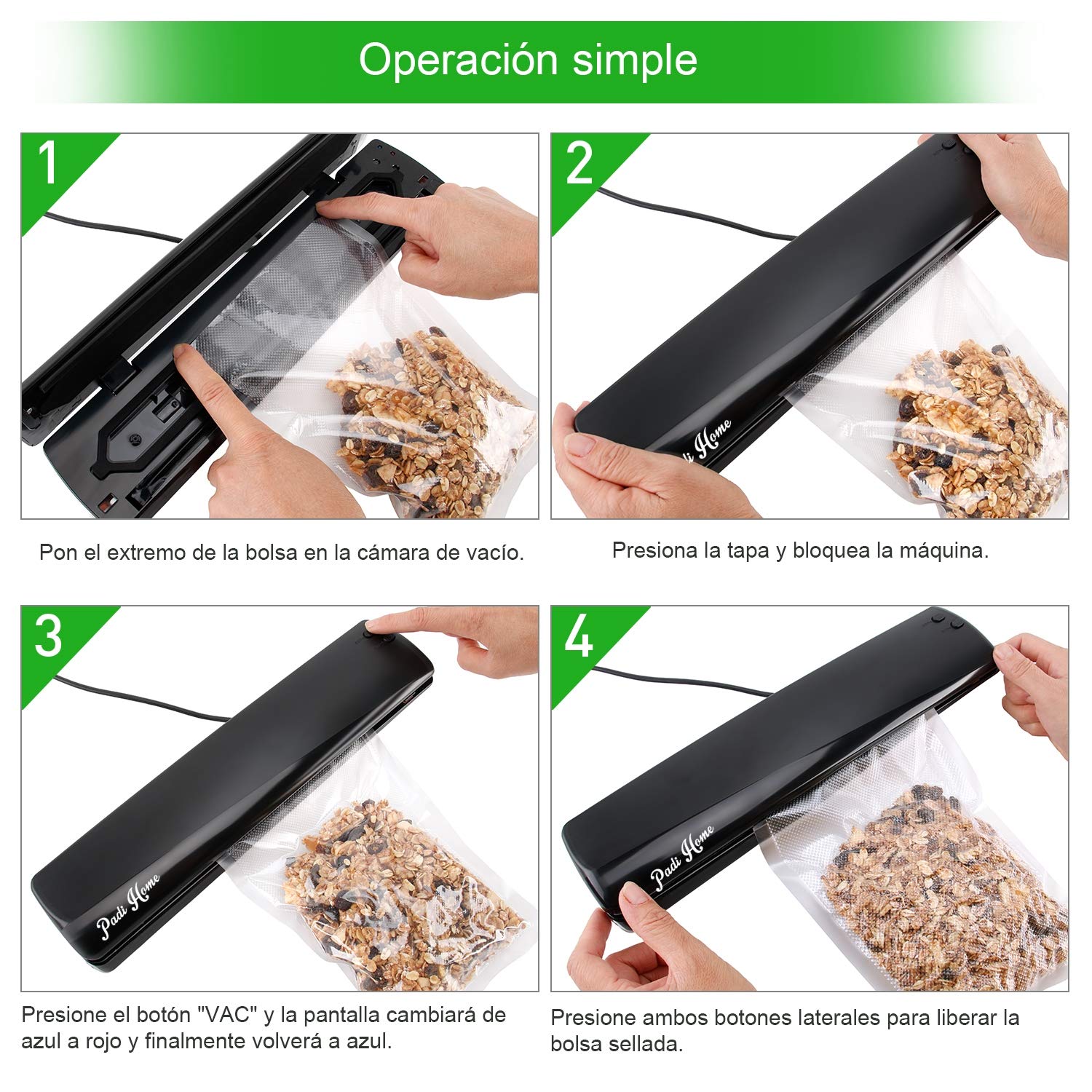 Envasadoras al vacío, Padi Home El Aparato para envasar al vacio, Comida se Mantiene Fresco con hasta 8 Veces Más, Ideal para Almacenamiento de Alimentos Incluye 10 Alta Calidad Vacuum Bolsa, Negro