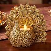 Sawysine Antique Peacock Tealight Candle Holder Gold Diwali Decoration Home | LED Diwali Candle Holders, Pooja Thali Return Gifts for Indian Puja, Home, Party Decoration