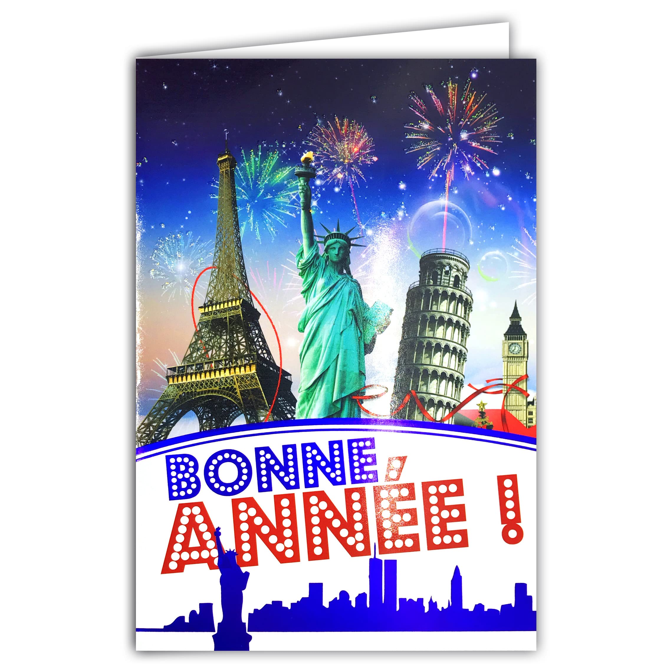 Happy New Year Card Best Wishes Fireworks with Glitter and White Envelope Travel Around The World Monuments Cities Paris New York London Pisa Festive New Year 1st January AFIE 61-4037-A BA