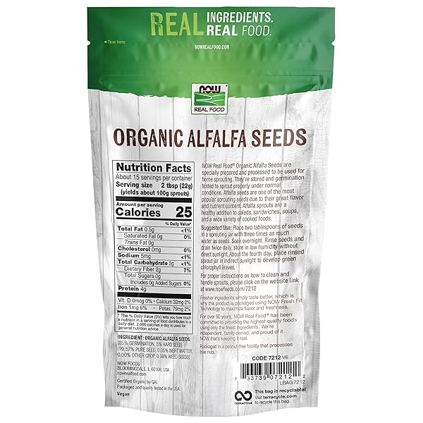 NOW FOODS, ORGANIC ALFALFA SEEDS FOR SPROUTING, GROWN IN THE USA, CERTIFIED NON-GMO, 12-OUNCE (PACKAGING MAY VARY)