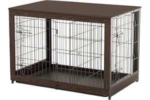 Piskyet Wooden Dog Crate Furniture with Divider Panel, Dog Crate End Table with Fixable Slide Tray, Double Doors Dog Kennel Furniture Large Breed(L:37.8" L*25.1" W*26.3" H,Brown Walnut)