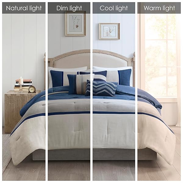 MADISON PARK PALISADES COMFORTER SET MODERN FAUX SUEDE PIECED STRIPE DESIGN, ALL SEASON DOWN ALTERNATIVE COZY BEDDING WITH MATCHING SHAMS, DECORATIVE PILLOWS, CAL KING(104″X92″), BLUE 7 PIECE