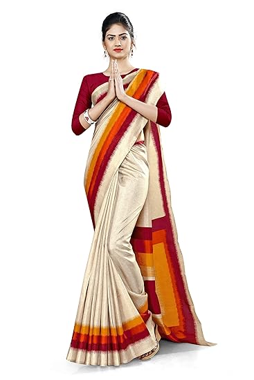 Uniform Sarees Corp Womens Gala Border Polycotton CotFeel Employee Uniform Saree With Blouse (Beige;Maroon)