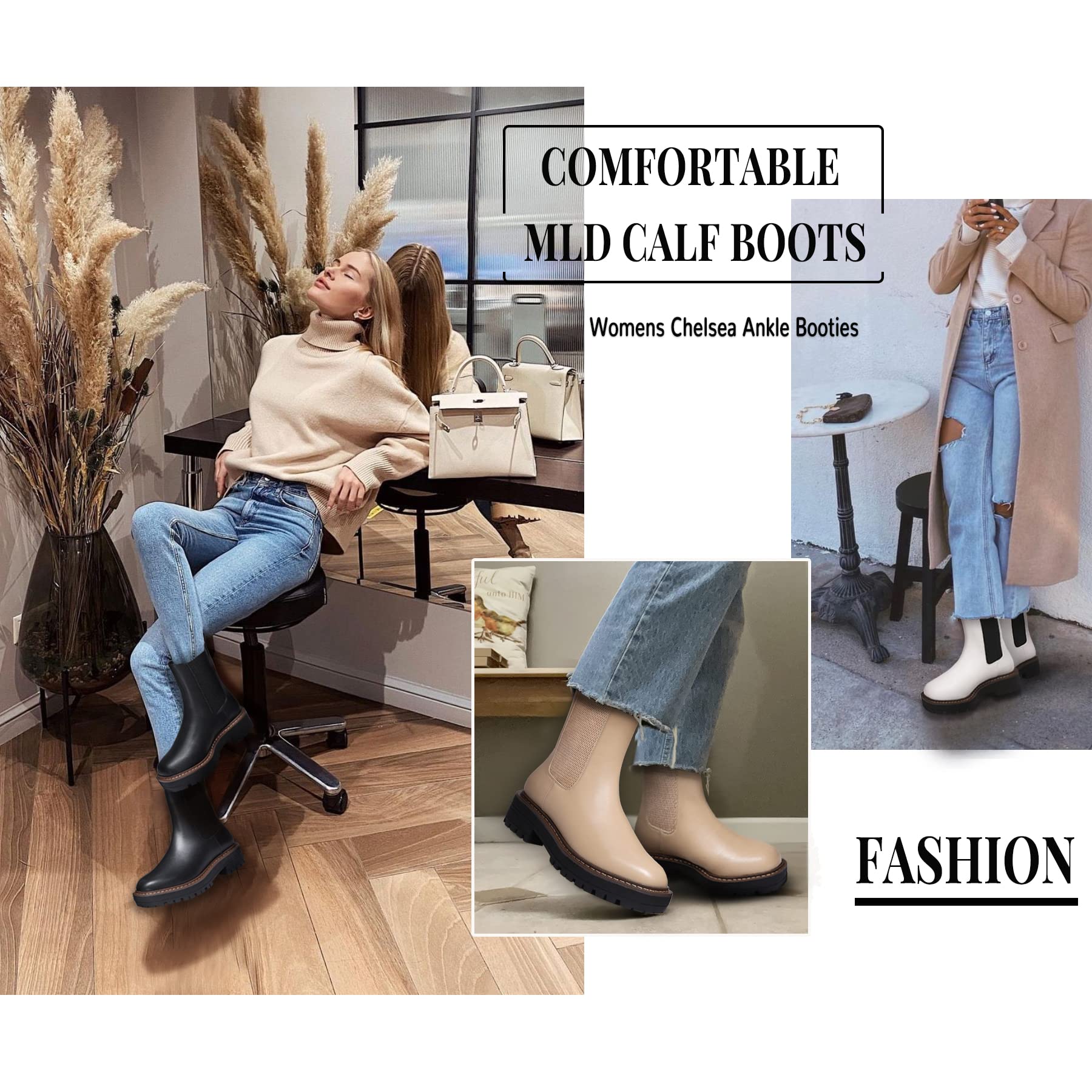 Athlefit Women's Chelsea Ankle Boots Platform Slip On Chunky Heel Lug Sole Leather Booties