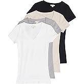 4 Pack Zenana Women's Basic V-Neck T-Shirts Large Black, White, H Gray, H Beige