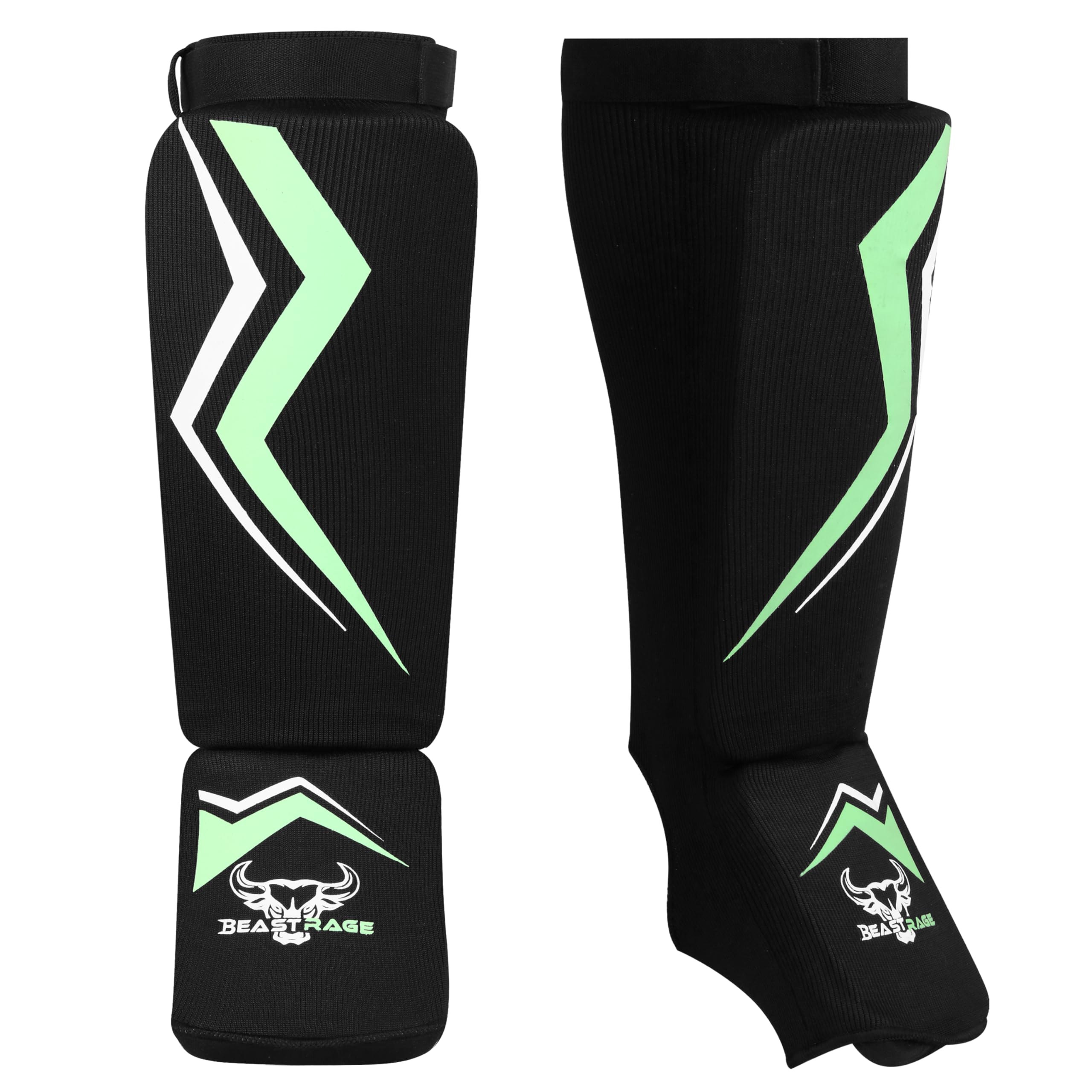 BEAST RAGE Shin Guards for Kickboxing, Instep Protection Pads for Muay Thai MMA Training, Martial arts boxing, Elasticated Padded Leg Foot Protector for Karate BJJ Taekwondo Gear (GREEN, S/M)