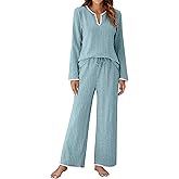 Blooming Jelly Womens 2 Piece Pajama Sets Fall Ribbed Color Block Lounge Set Fleece Long Sleeve Pj Sleepwear Pockets