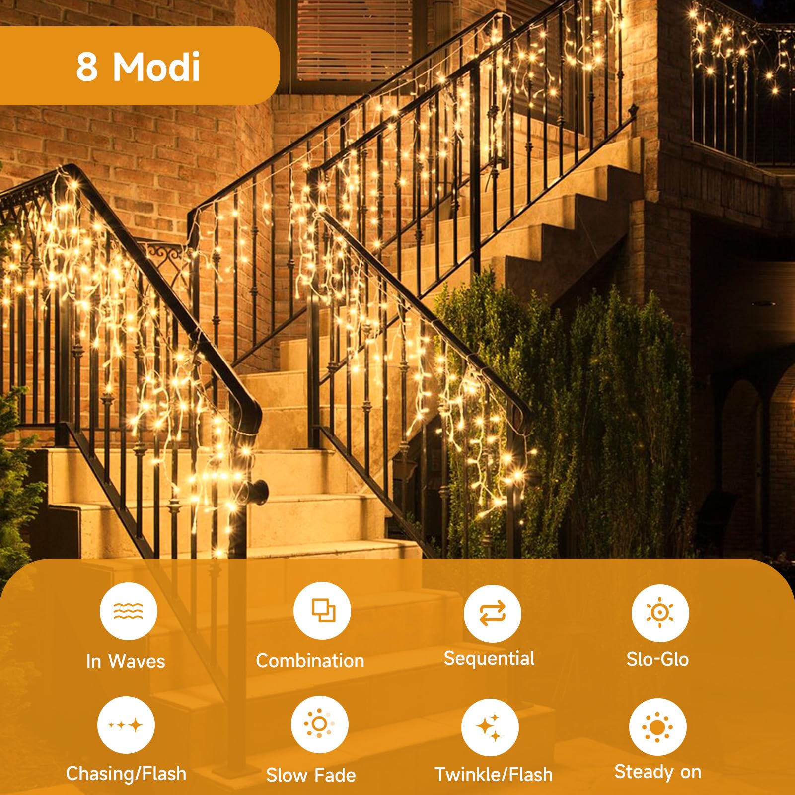 WOWDSGN LED Eisregen Lichterkette Außen, 15M 660LED Eiszapfen mit Timer 8 Modi IP44 wasserdicht Strombetrieben, Lichtervorhang für Weihnachten Dachkante Dachrinne Terrasse Balkon Warmweiß 3
