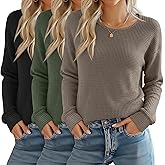 Yearntown 3 Pack Women's Waffle Knit Long Sleeve Shirts, Crew Neck Slim Fit Thermal Tops Casual Stretch Basic Pullover