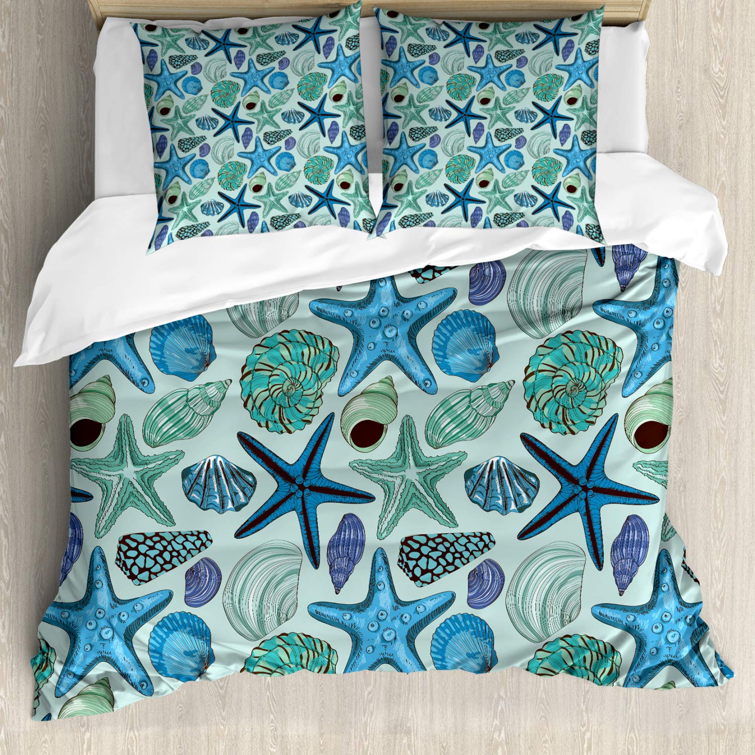 ABAKUHAUS Starfish Fitted Sheet, Tropical Shells, Decorative 3 Piece Bedding Set with 2 Pillow Shams, 155 cm x 200 cm - 80 x 80 cm, Multicolor