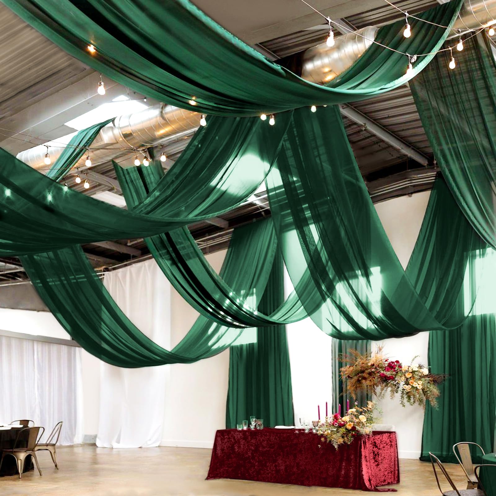 Photo 1 of 10 Panels Emerald Green Ceiling Drapes for Wedding Ceiling Drapes 5ftx40ft Wedding Arch Draping Fabric Sheer Curtains Chiffon Drapery DrapingDecorations for Party Ceremony Stage Swag