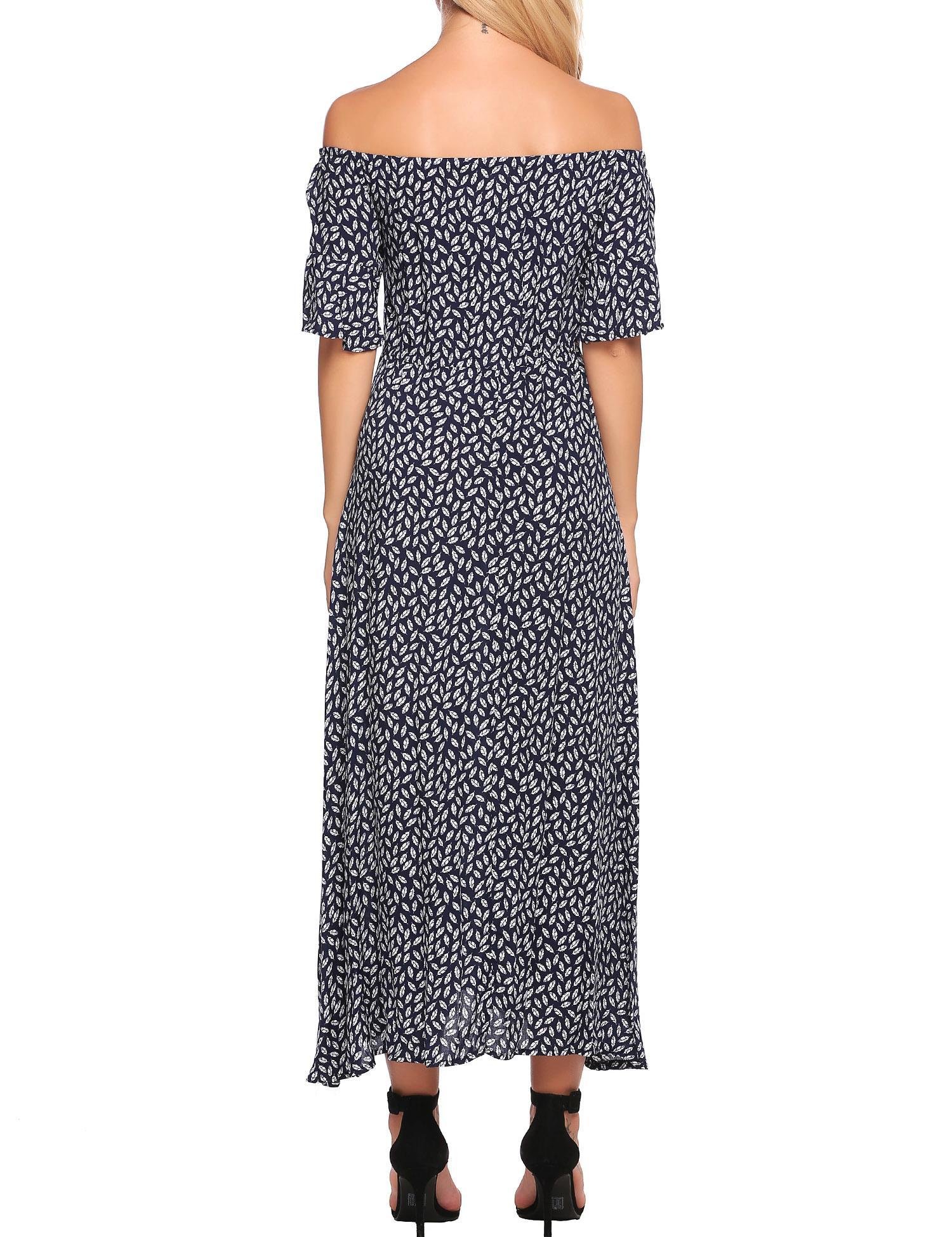 Zeagoo Women Boho Off the Shoulder Floral Print Casual Swing Maxi Dress Navy blue S