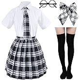 Japanese Tartan Pleated School Uniform Cosplay Costumes with Socks Eyeglass Frame Set