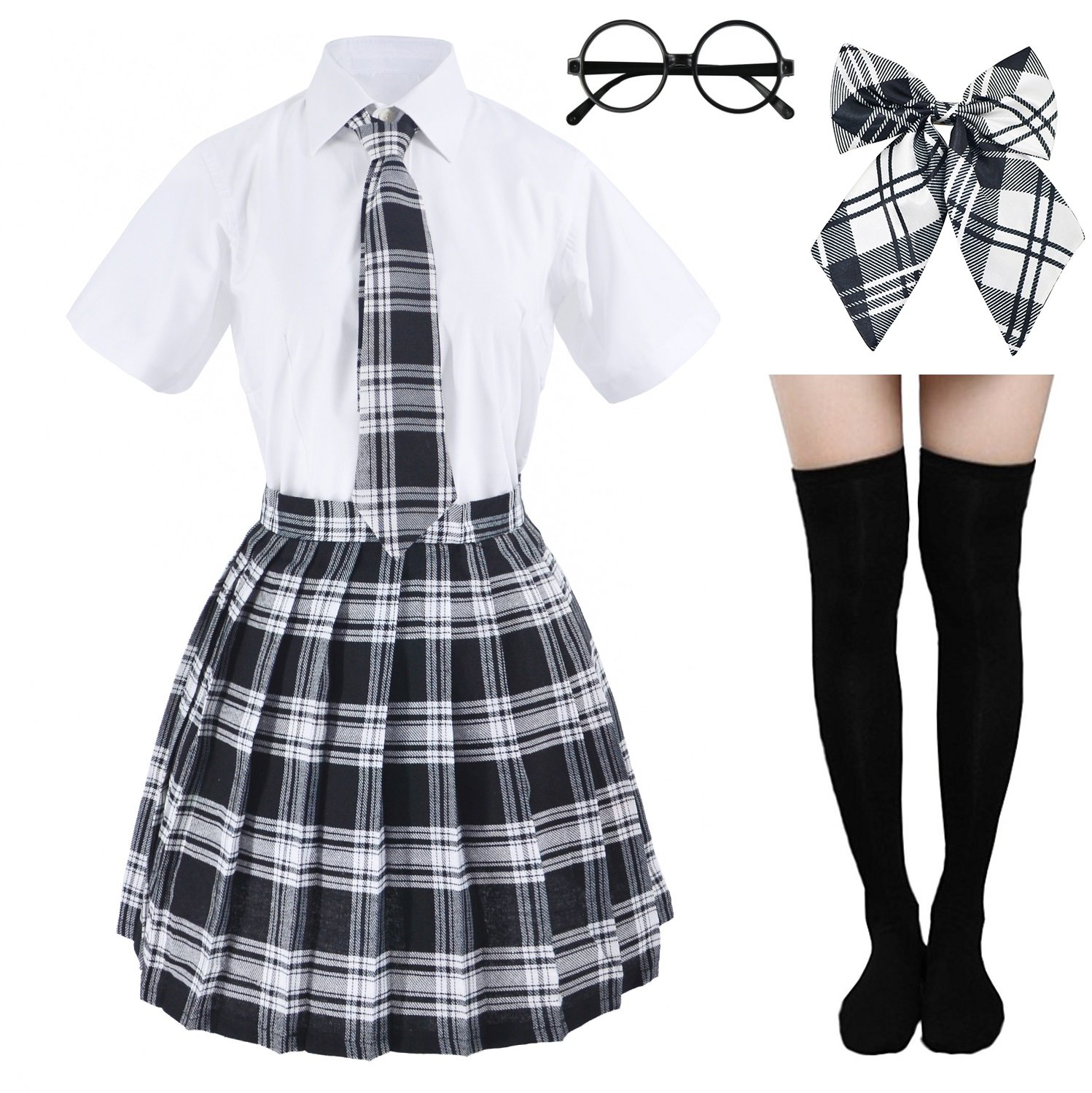 Photo 1 of Elibelle Japanese tartan pleated school uniform cosplay costumes with socks eyeglass frame set (Black)(L = Asia XL)(SSF10)