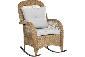 Outsunny Outdoor PE Rattan Rocking Chair with Cushions, Patio Luxury Round Wicker Garden Porch Furniture w/Armrest and High B