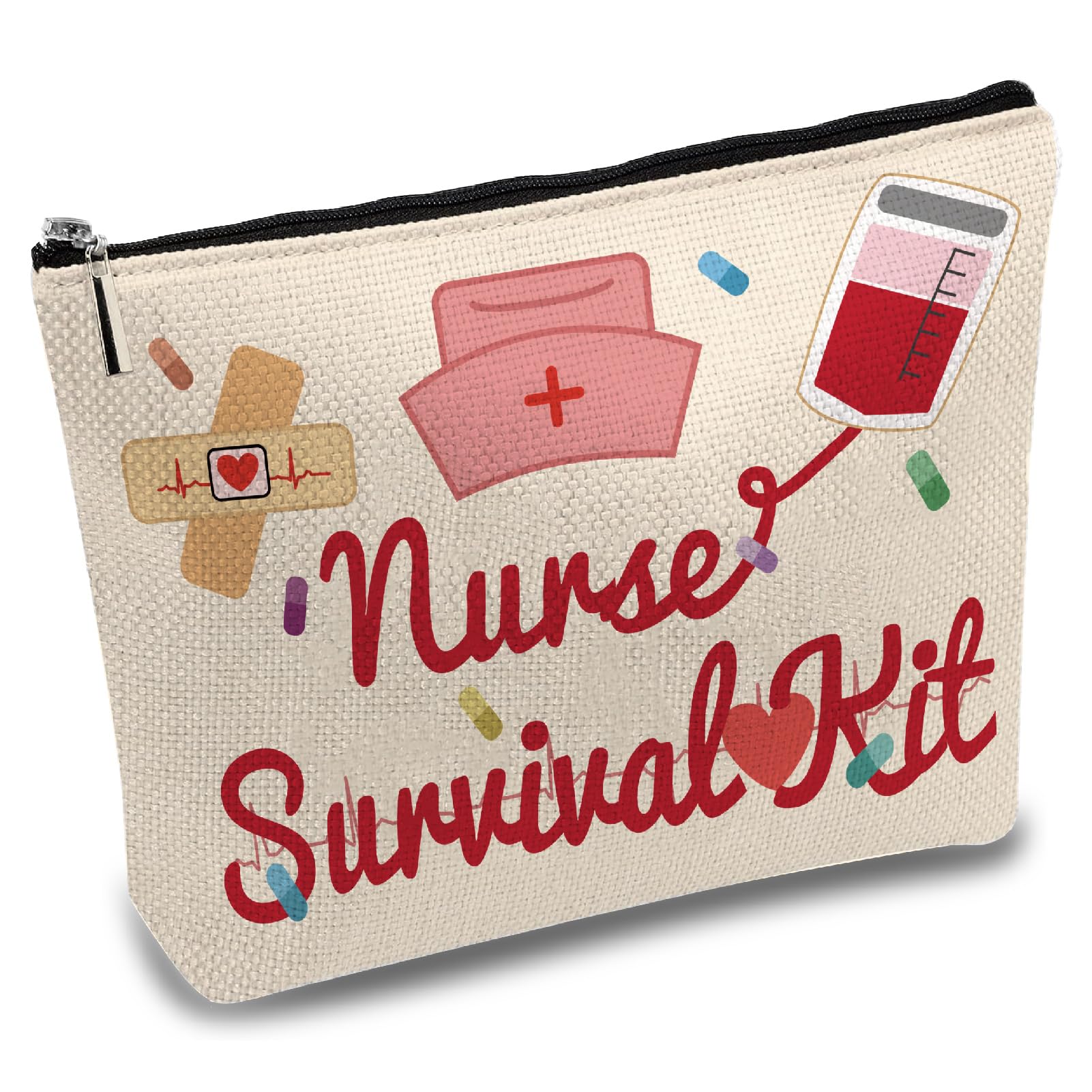 CREATCABIN Nurse Survival Kit Bags Makeup Bags Canvas Cosmetic Bag Polycotton Multi Purpose Pen Case Zipper Pouches Toiletry Travel Bag Purse Gifts for Nursing Best Nurse Ever Practitioner 10 x 7Inch