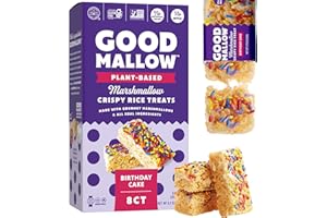 GoodMallow Vegan Rice Crispy Treats Individually Wrapped Box of 8 , Kosher Vegan Snacks, Gluten Free Dairy Free Snacks for Kids & Adults - Healthy Sweets Made with Gourmet Marshmallows , Made in USA (Birthday Cake)