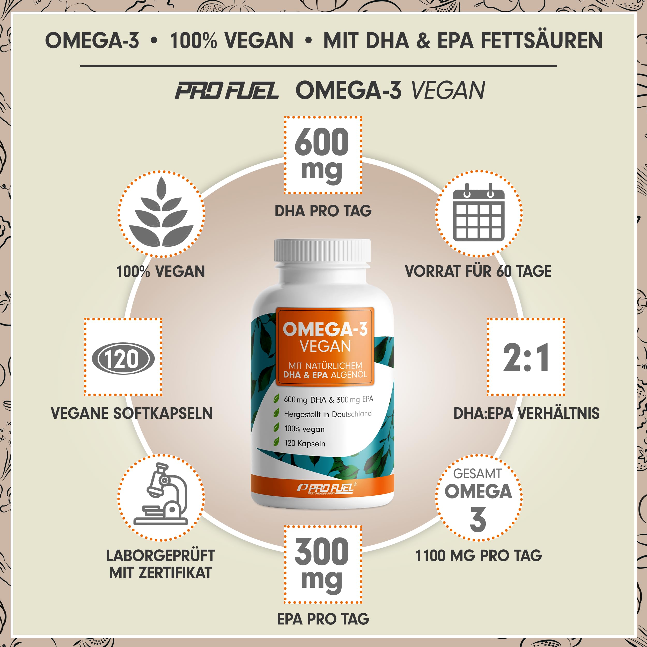 Omega-3 vegan Kapseln 120x - 2000 mg Algenöl pro Tag - hochdosiert mit 600mg DHA + 300mg EPA - hochwertige Omega-3 Algenöl Kapseln vegan - DHA:EPA Verhältnis 2:1 - laborgeprüft mit Analyse-Zertifikat 2