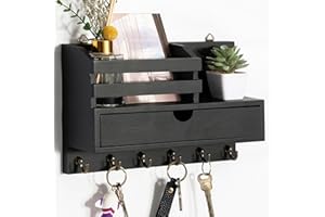 dreampossible Key and Mail Holder for Wall, Mail Organizer Wall Mount with 6 Hooks and Storage Drawer, Wooden Key Rack Hanger with Shelf for Entryway and Home Decor