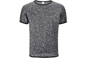 Tchumum Mens Mesh Shirt Glitter Black Sheer Top See Through Short Sleeve Silver Sparkly Party Clubwear Costume