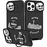Goocrux (2in1 for iPhone 15 Pro Max Case Skull Skeleton Boys Goth Cover Cute Fun Gothic Black Spooky Cool Unique Design with Slide Camera Cover+Ring Stand Holder for iPhone 15 Pro Max Phone case 6.7''