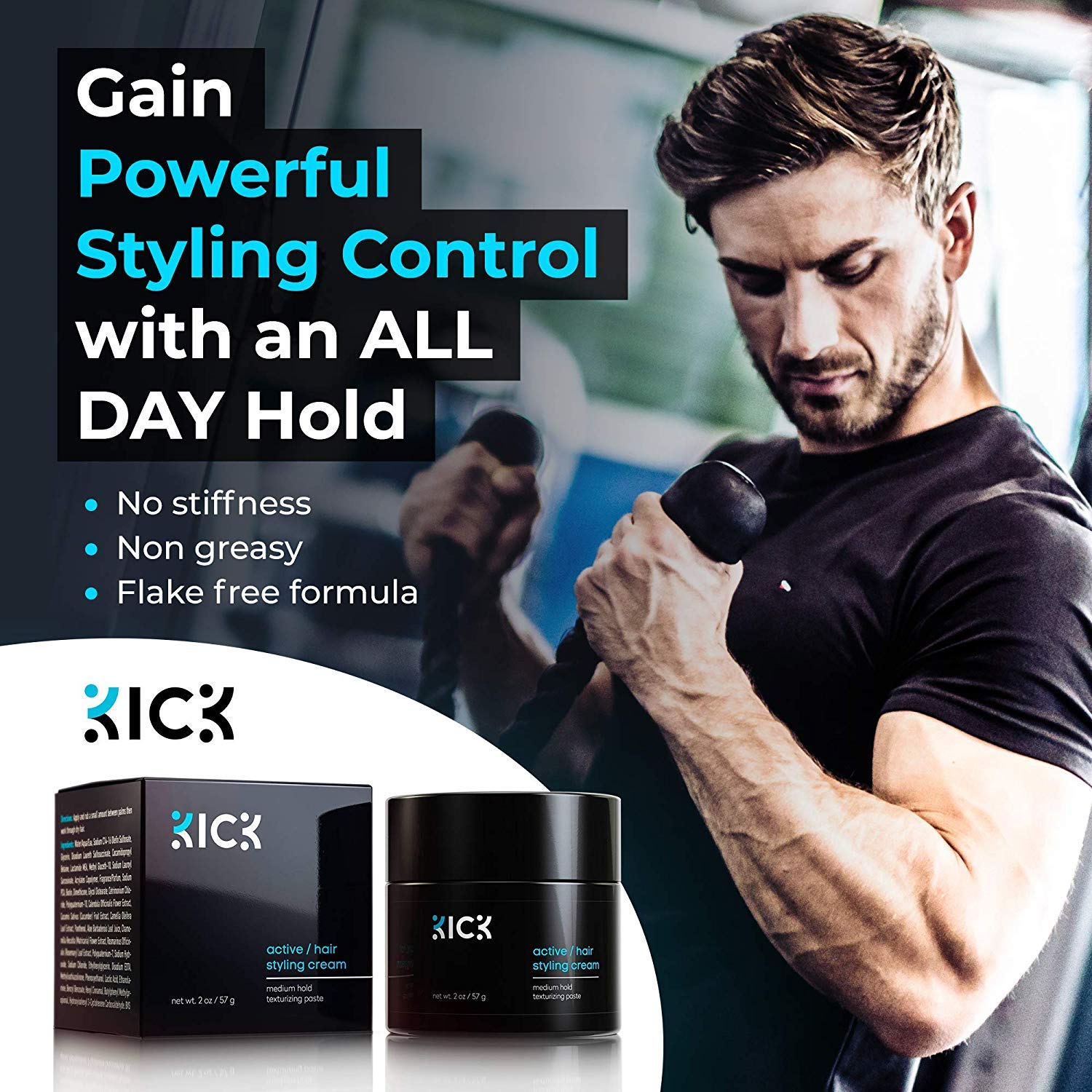 Kick Men's Medium Hold Hair Cream - Non Greasy, Thickening, Damage Control, Anti-Greying, Hydrating - 2 Oz