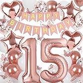 Rose Gold 15th Birthday Decorations for Girl, 15 Year Old Sign with Happy Birthday Banner, 40In Number 15 Foil Birthday Balloons, Butterfly Decorations, Heart and Star Balloons