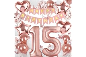 VBEOLLOV Rose Gold 15th Birthday Decorations for Girl, 15 Year Old Birthday Sign with Happy Birthday Banner, 40In Number 15 Foil Birthday Balloons, Butterfly Decorations, Heart and Star Balloons