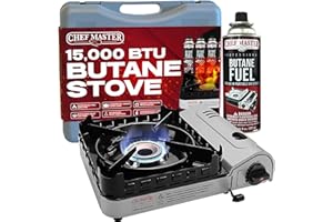 Chef Master 15,000 BTU Butane Portable Camp Stove | Double Wind-Guard Portable Stove Burner w/Piezo Click Ignition for Emergencies, Tailgating, Hiking, Backpacking & Camping Essentials - 90019