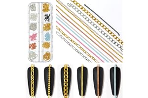JERCLITY Box of 12 Strips Nail Art Chains - Multiple Color Alloy Metal Charms, Punk Studs, Silver Caviar Beads - Gold and Silver Jewelry Accessories for Women
