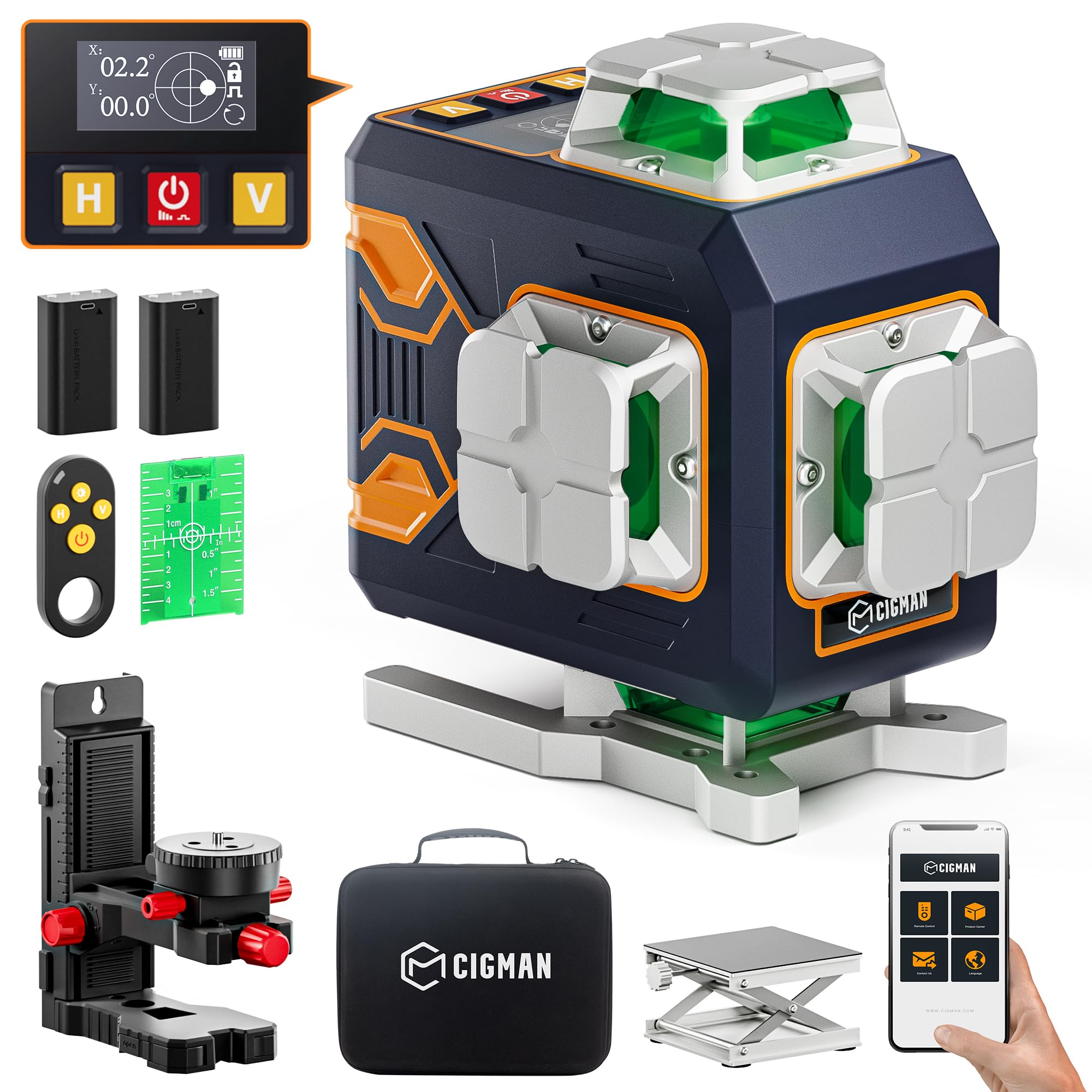CIGMAN Bluetooth Wireless Green Laser Level - Remote Control by APP, 4x360° Self Leveling Cross Line Laser Level Tool - Horizontal/Vertical Line, with Rotary Stand, Carry Bag