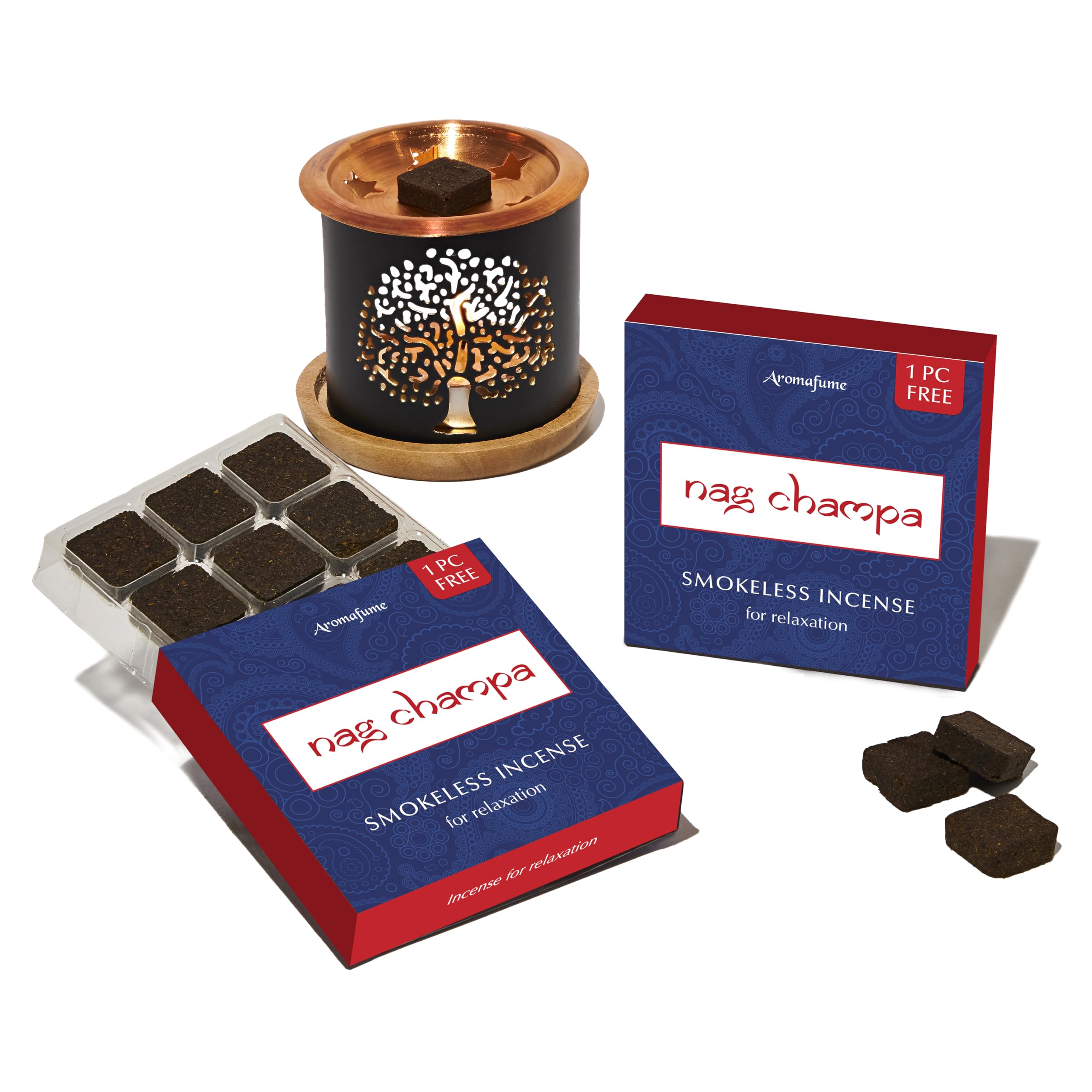 Nag Champa Incense Bricks (2 x 9 Bricks) & Tree of Life Exotic Incense Burner by Aromafume | Made with Sandalwood, Jasmine, Ylang Ylang & Champa flower | Natural, Low Smoke, Non toxic