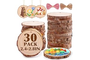 VKIZA 30 Pack Wood Slices for Crafts,2.4-2.8In Unfinished Natural Wood Rounds with Tree Bark.Wood Circles Predrilled with Hole and 20m Rope for Centerpiece Table Decorations,Christmas Ornaments,DIY Gifts