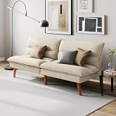 LINSY Home 66" Futon Sofa Bed, Corduroy Futon Couch with 3-Position Adjustable Backrest, Solid Wood Legs, Convertible Small Sofa Bed for Living Room, Apartment, Dorm, Beige