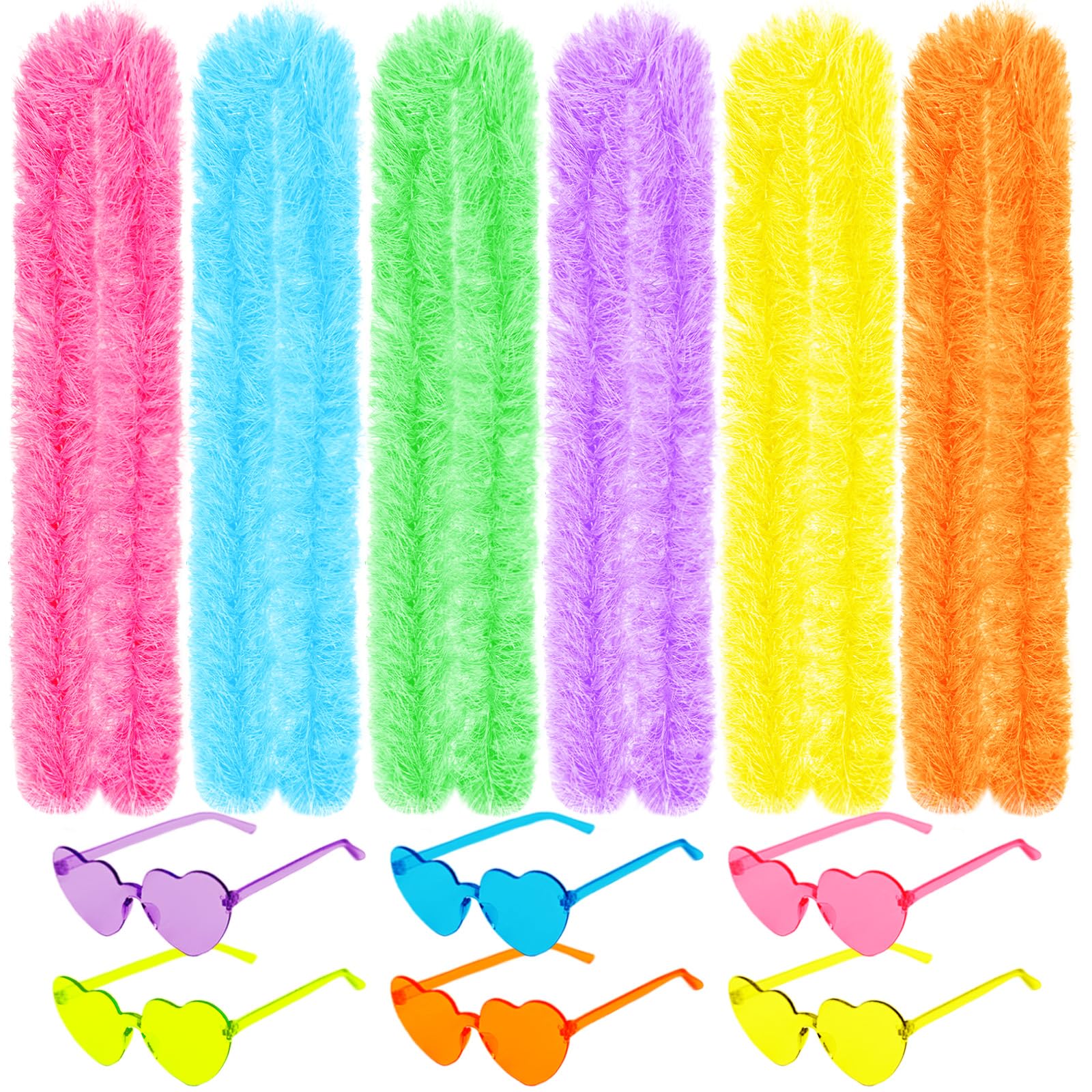 Photo 1 of 12 Pcs Feather Boas Party Pack with 6 Fluffy Artificial Feather Boas Bulk (2m/6.6ft) & 6 Heart Sunglasses for Birthdays, Weddings, Tea Parties, Costume Parties, Mardi Gras, Halloween, and Christmas