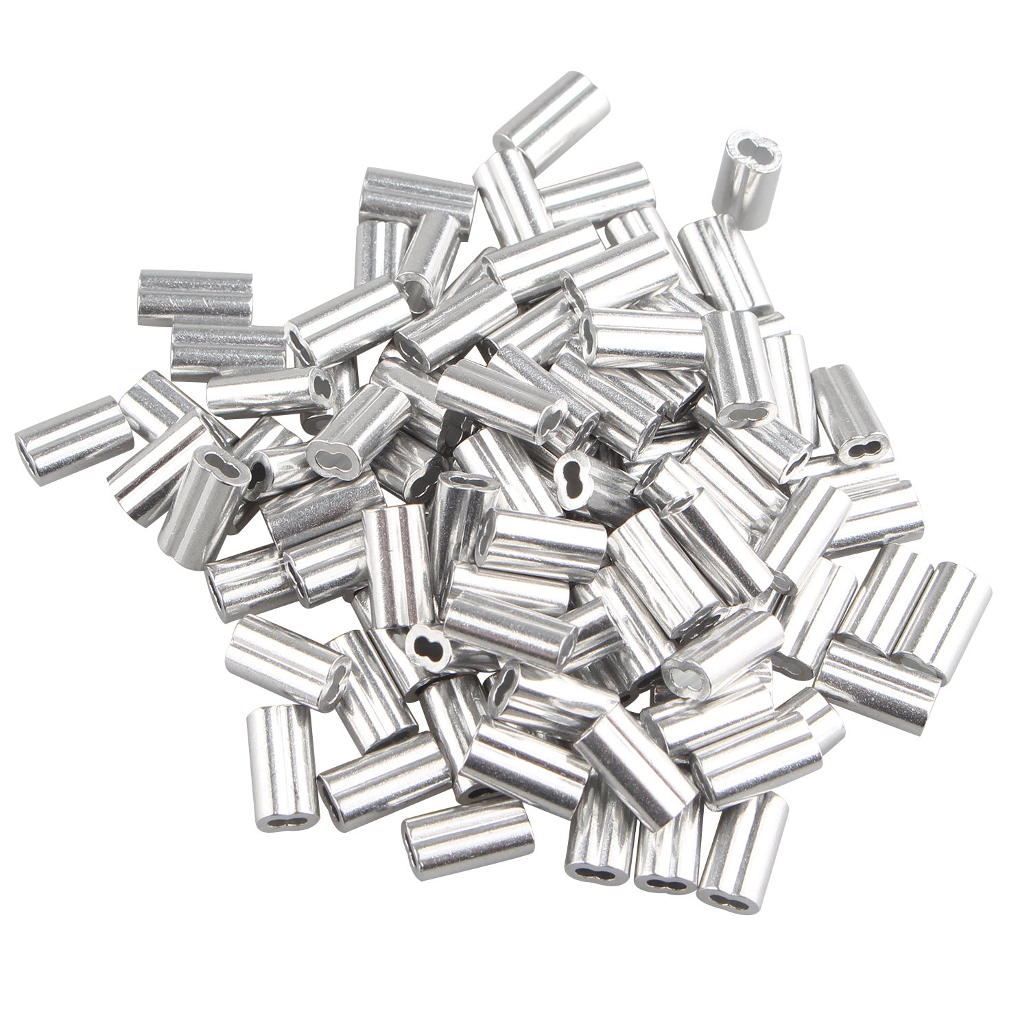 Futheda 100 pcs Aluminum Crimping Loop Sleeve Clips with Double Ferrules/Holes for 1.2mm Cable Wire Rope Silver Tone