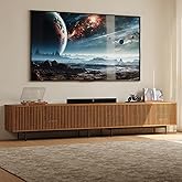 POVISON Fully Assembled Mid-Century Modern TV Stand with Slatted Doors, 118.11" Wood Media Console, TV Console with Tall-cast Metal Legs, Entertainment Center with Storage for Living Room